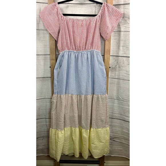 Urban Outfitters Seersucker Color Blocked Midi Dress Cottagecore Size XS - Picture 10 of 13